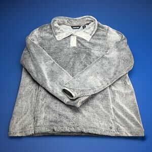 Lands' End Womens Size XL Pullover Sherpa Fleece Button Snap Sweater Grey Pocket